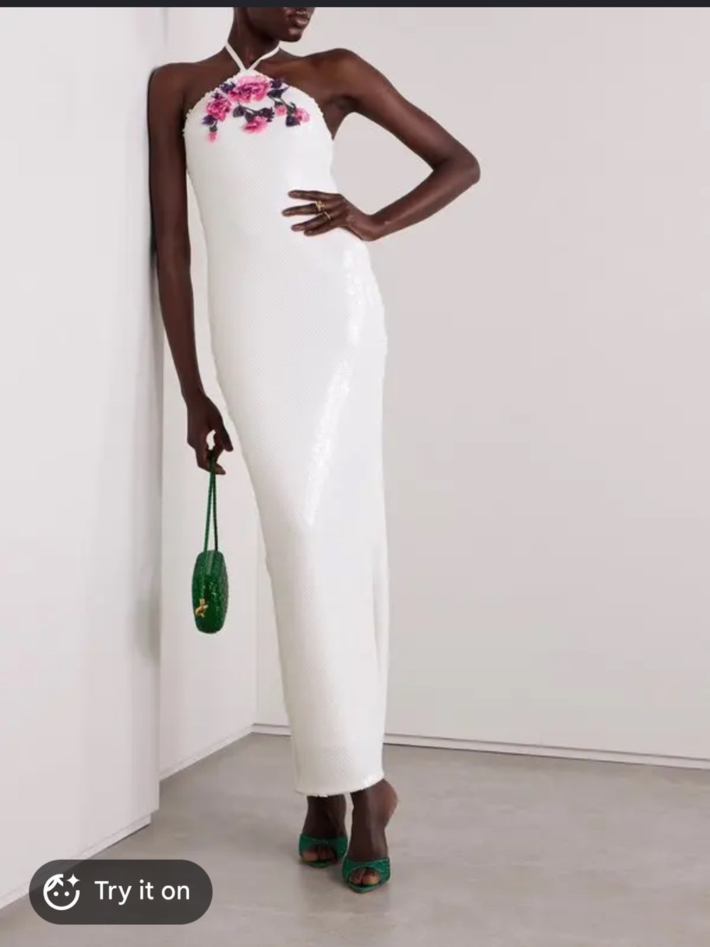 Rodarte White Sequin Dress with Pink Sequin Flowers